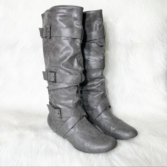 Pesaro Shoes - Pesáro Slouchy Buckled Strappy Moto Gray Pull On Vegan Leather Tall Knee Boots
